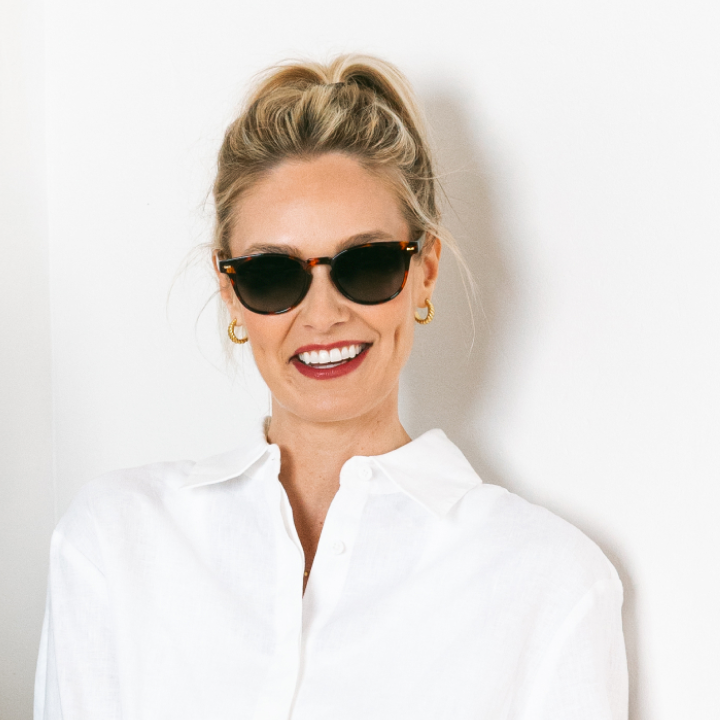 Woman wearing sunglasses and a white shirt against a plain background