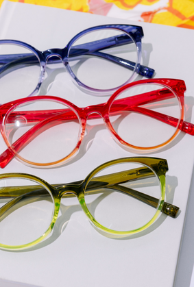 purple, red, green reading glasses
