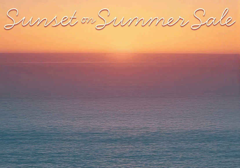 Sunset over the ocean with a handwritten Sunset on Summer Sale headline