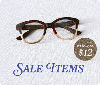 Tortoise eyeglasses on a white background with a sale label.