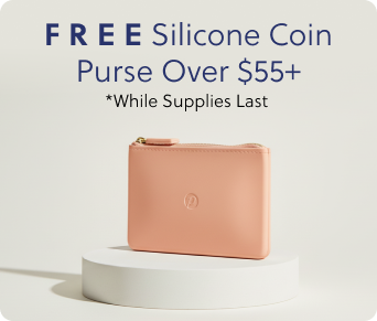 Free silicone coin purse offer with a pink purse on a light gray background