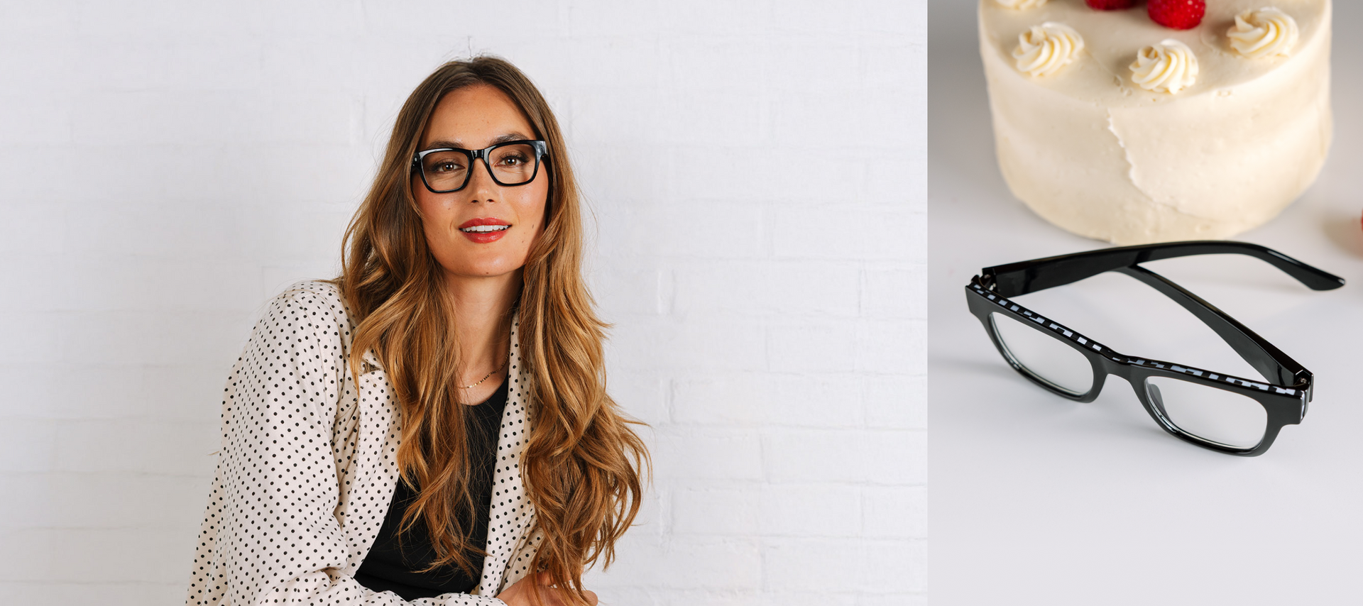 Woman wearing glasses with a cake and additional glasses on a white background