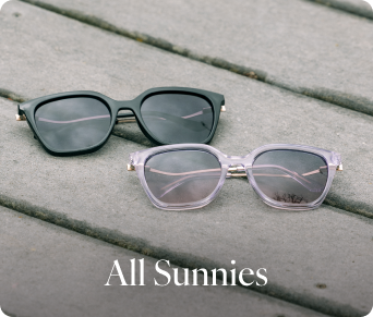 Two pairs of sunglasses on a wooden surface with 'All Sunnies' text