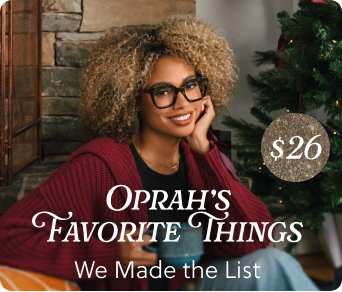 Woman in glasses and red sweater with 'Oprah's Favorite Things' text and price tag.