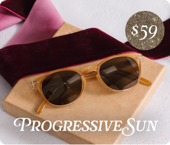 Sunglasses on a wooden stand with a pink and red fabric background and a price tag of $59.