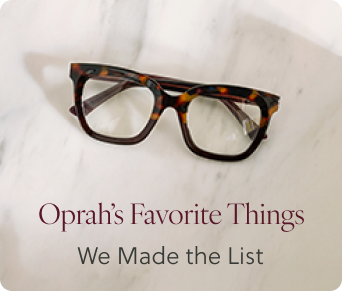Tortoiseshell glasses on a white background with text about Oprah's Favorite Things.