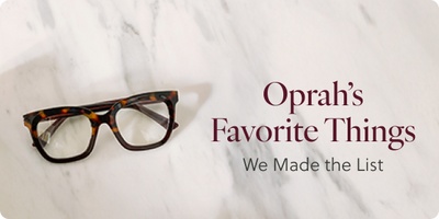 Tortoiseshell glasses on a white background with text 'Oprah's Favorite Things We Made the List'.