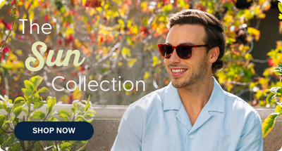 Man wearing sunglasses with 'The Sun Collection' text and 'Shop Now' button.