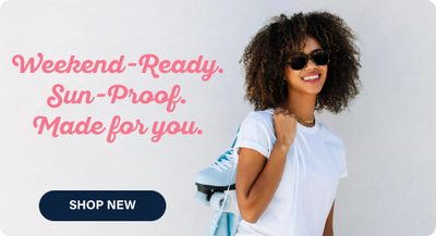 Woman with sunglasses and a white shirt, promotional text about sun-proof products.