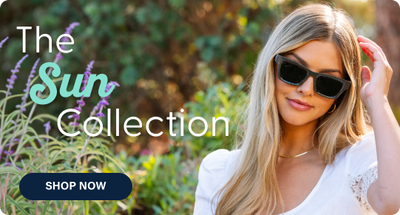 Woman wearing sunglasses with 'The Sun Collection' text and 'Shop Now' button.