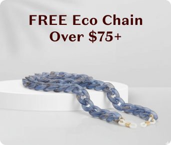 Blue eco chain on a white stand with text about free chain offer over $75.
