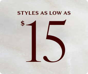 Text 'STYLES AS LOW AS $15' on a textured beige background