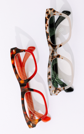 red and tan blue reading glasses