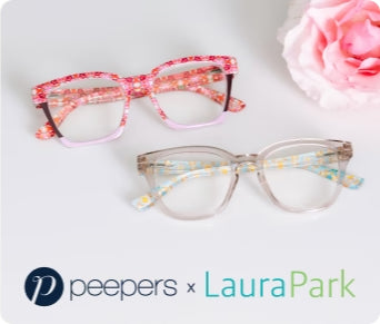 Two pairs of eyeglasses displayed on a white background with a pink rose in the corner. The top pair has a pink and orange floral pattern with dark brown arms, and the bottom pair is clear with a light blue and yellow floral pattern and blue arms.