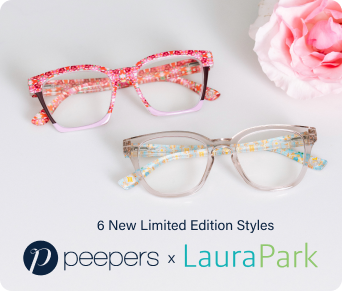 Two pairs of glasses with colorful frames on a light background, featuring the Peepers and Laura Park logos.