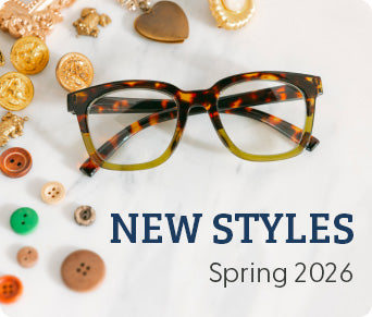 Tortoiseshell glasses with 'NEW STYLES Spring 2026' text on a white background with decorative buttons.