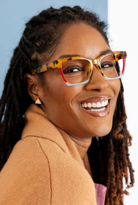 women wearing birdie tokyo tortoise colorblock reading glasses