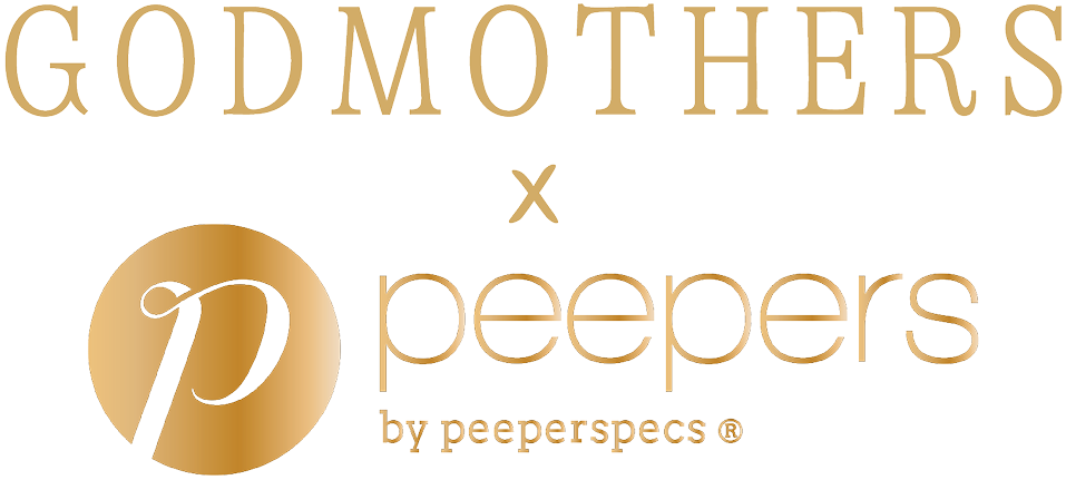 Collaboration logo between 'Godmothers' and 'peepers by peeperspecs' in gold on a white background
