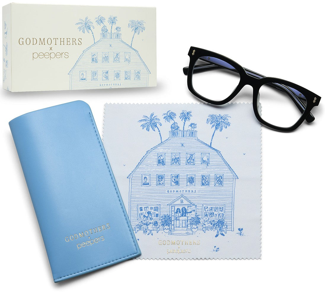 Godmothers x Peepers unboxing contents including custom box, faux leather case, and cleaning cloth