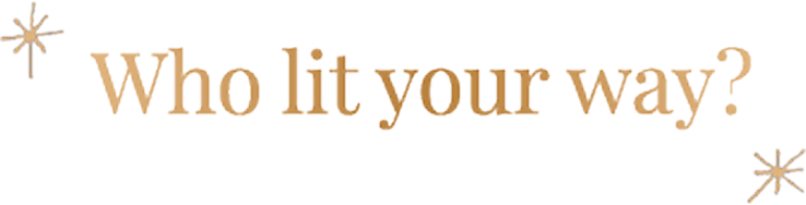 Text 'Who lit your way?' with decorative elements on a white background