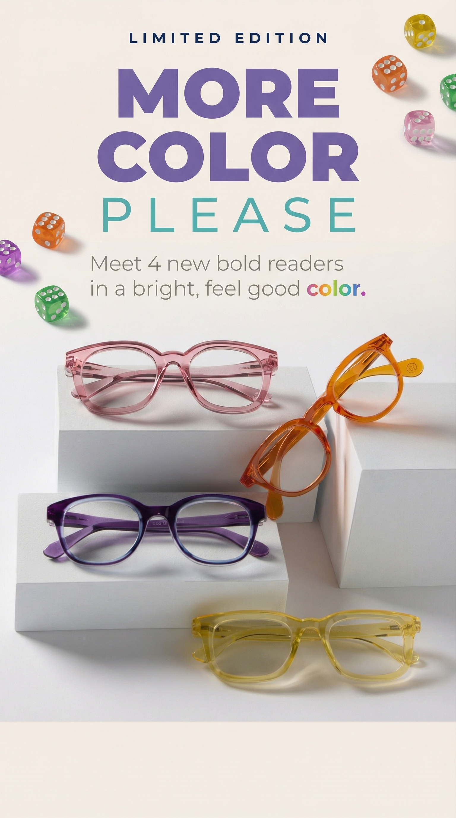 More Color Please: four translucent readers in pink, orange, purple, and yellow with colorful dice — Limited Edition