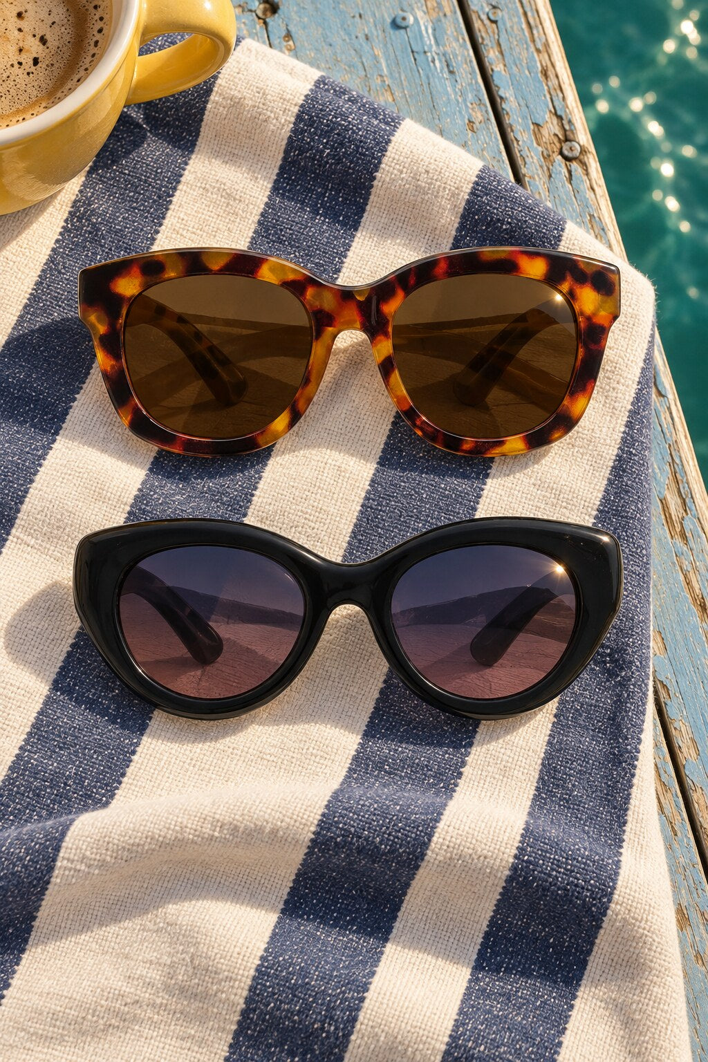 Center Stage tortoise and Sunday Scaries black sunglasses resting on striped cotton beside a sunny blue dock.