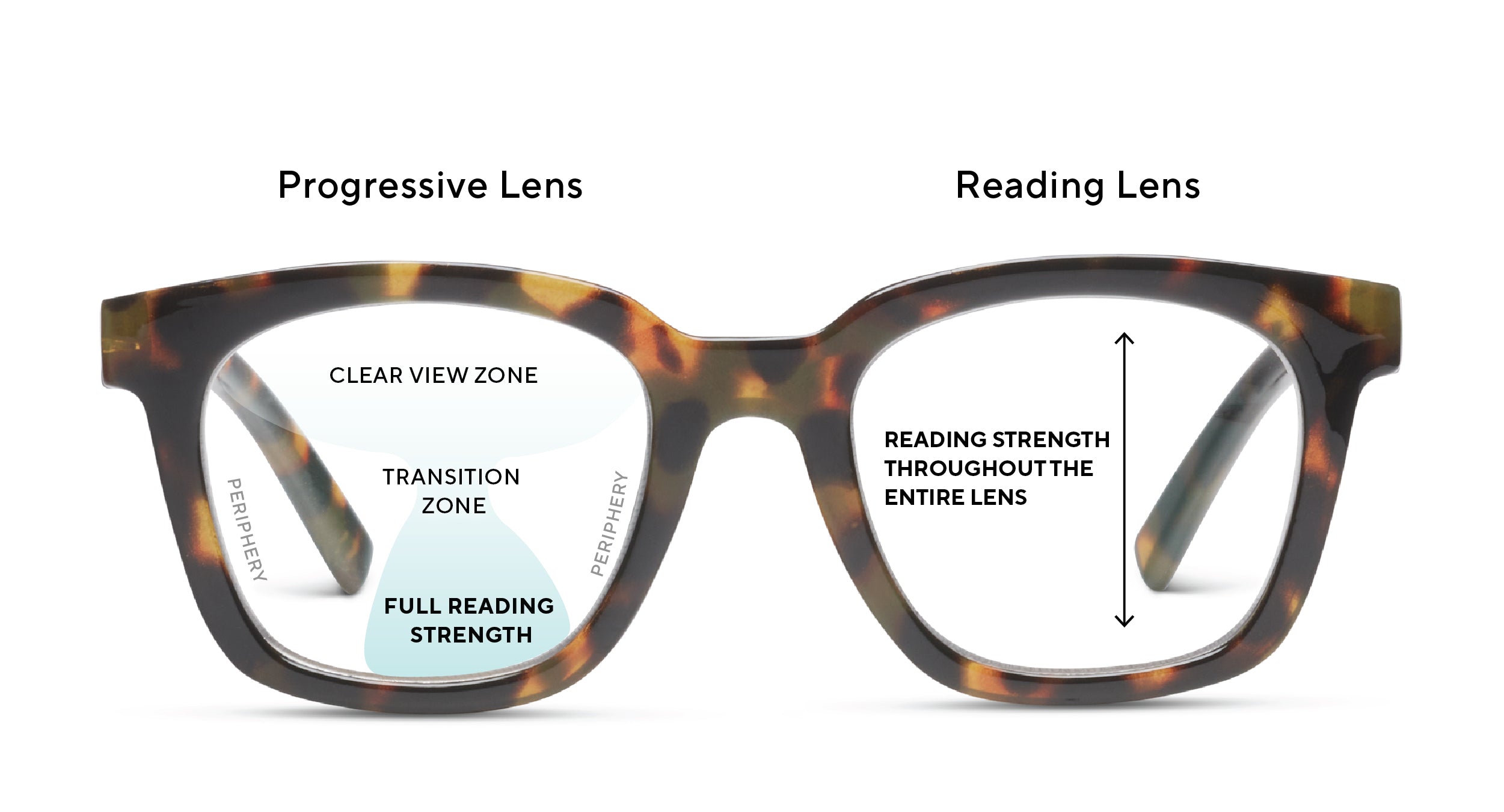 Side-by-side comparison of a progressive lens with three zones and a reading lens with one strength throughout