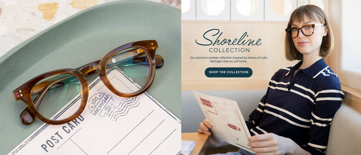 Shoreline Collection tortoise glasses on a Lake Michigan postcard, beside a woman in a striped polo wearing Shoreline frames in a diner booth